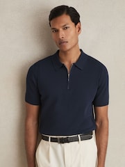 Reiss Navy Berkley Cotton Half-Zip Knitted Polo Shirt - Image 1 of 6