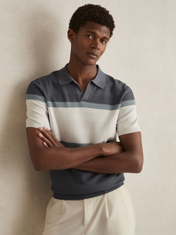 Reiss Airforce Blue Jefferson Textured Knit Stripe Polo Shirt - Image 1 of 6