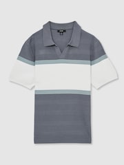 Reiss Airforce Blue Jefferson Textured Knit Stripe Polo Shirt - Image 2 of 6