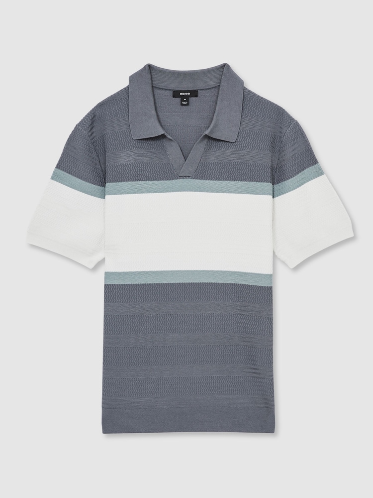 Reiss Airforce Blue Jefferson Textured Knit Stripe Polo Shirt - Image 2 of 6