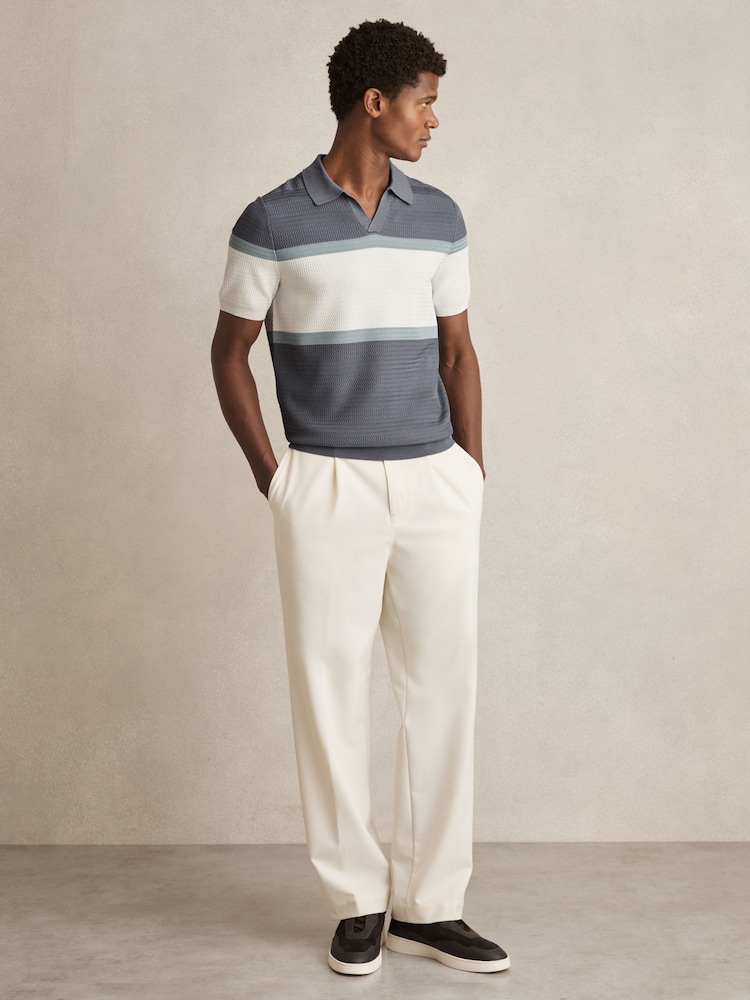 Reiss Airforce Blue Jefferson Textured Knit Stripe Polo Shirt - Image 3 of 6
