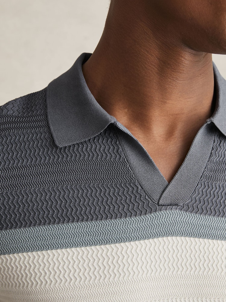 Reiss Airforce Blue Jefferson Textured Knit Stripe Polo Shirt - Image 4 of 6