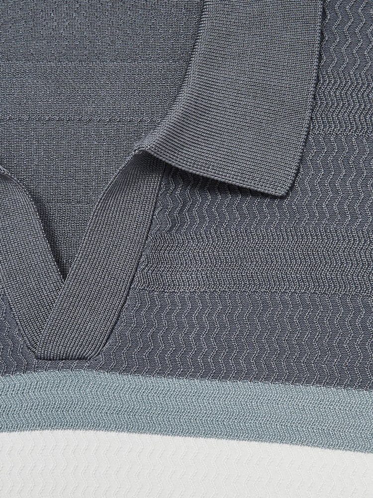 Reiss Airforce Blue Jefferson Textured Knit Stripe Polo Shirt - Image 6 of 6