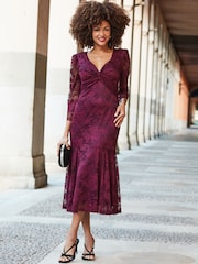 Sosandar Red Lace Twist Front Midi Dress - Image 5 of 5