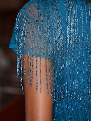 Sosandar Blue Embellished Fringe Tassel Top - Image 5 of 5