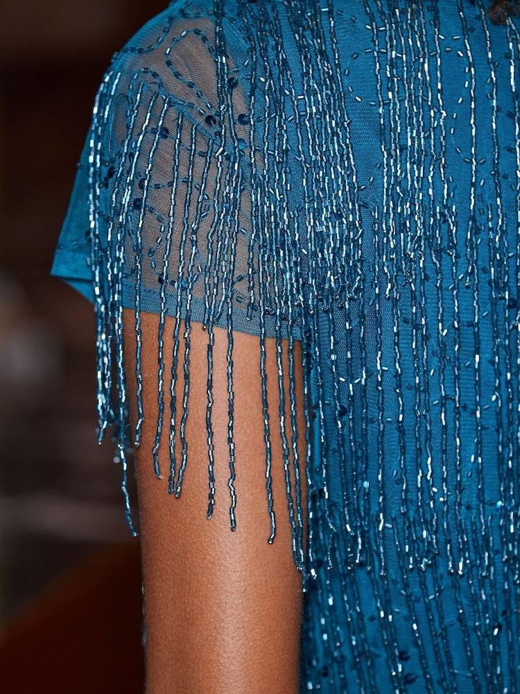 Sosandar Blue Embellished Fringe Tassel Top - Image 5 of 5