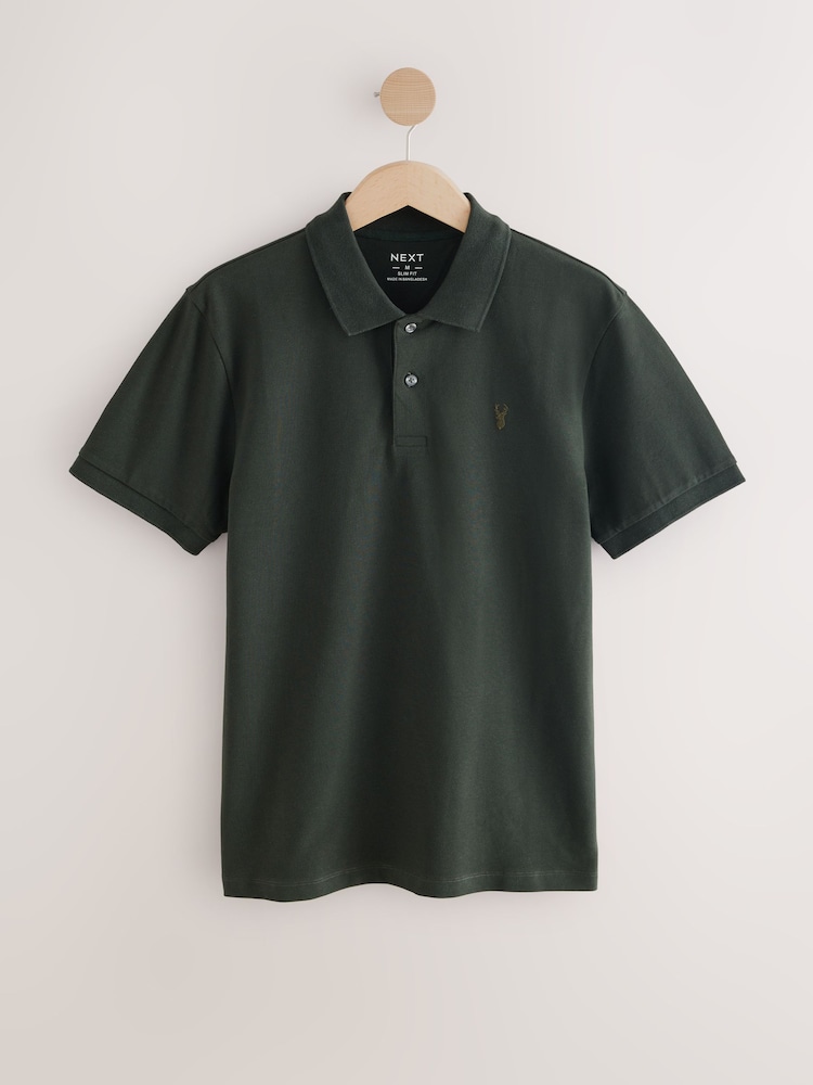 Rich Olive Green Slim Fit Short Sleeve Pique Polo Shirt - Image 5 of 7