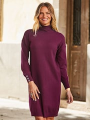 Sosandar Purple Roll Neck Button Cuff Knitted Jumper Dress - Image 3 of 5