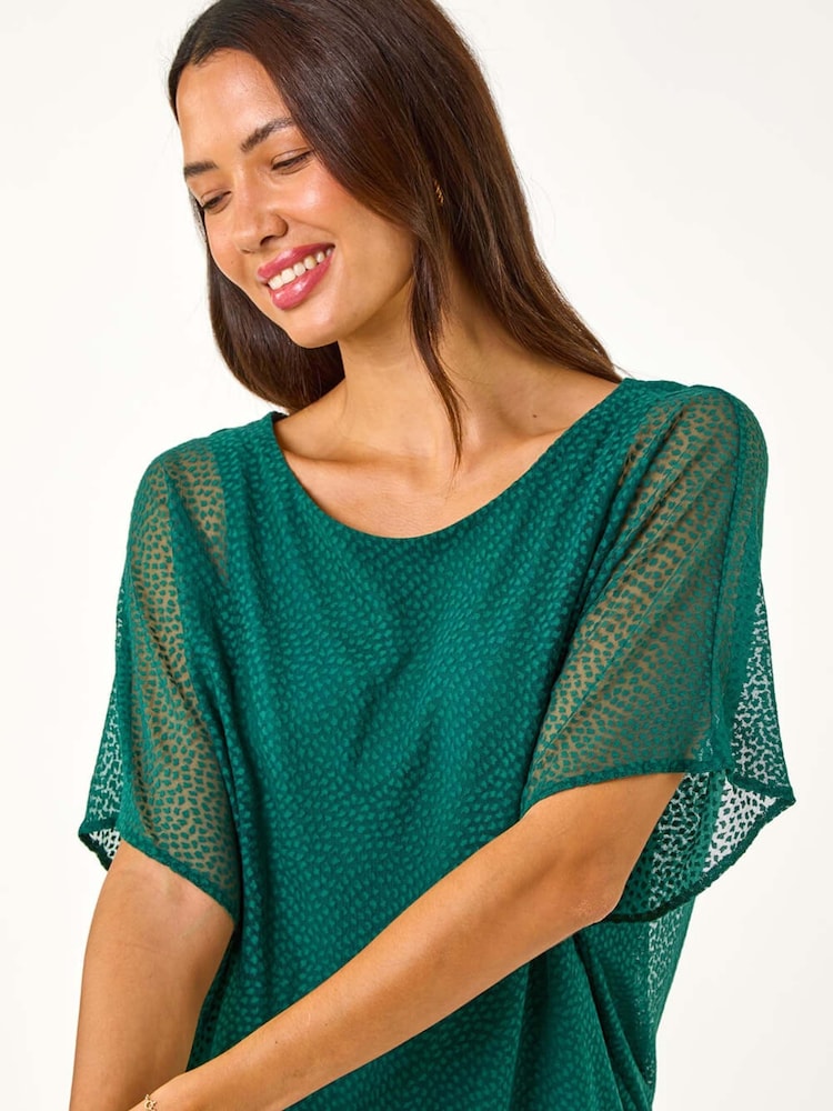Roman Green Animal Print Burnout Mesh Top - Image 1 of 5