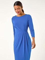 Roman Blue Plain Stretch Side Ruched Midi Dress - Image 1 of 6