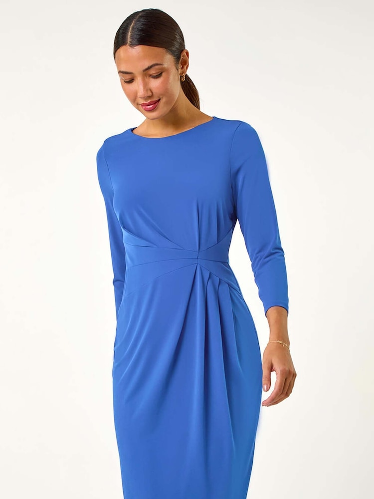 Roman Blue Plain Stretch Side Ruched Midi Dress - Image 1 of 6 Roman Blue Plain Stretch Side Ruched Midi Dress - Image 1 of 6