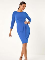 Roman Blue Plain Stretch Side Ruched Midi Dress - Image 3 of 6