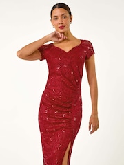 Roman Red Shimmer Lace Side Ruched Stretch Dress - Image 1 of 5