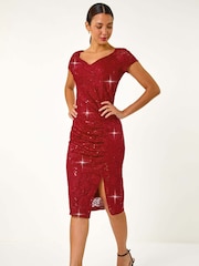 Roman Red Shimmer Lace Side Ruched Stretch Dress - Image 3 of 5
