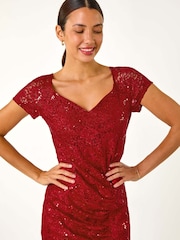 Roman Red Shimmer Lace Side Ruched Stretch Dress - Image 4 of 5