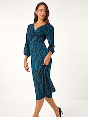 Roman Blue Geometric Print Twist Front Midi Dress - Image 2 of 5