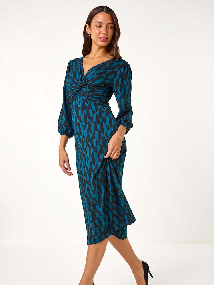 Roman Blue Geometric Print Twist Front Midi Dress - Image 2 of 5