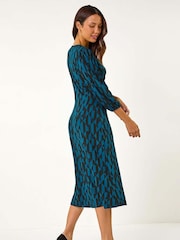Roman Blue Geometric Print Twist Front Midi Dress - Image 3 of 5