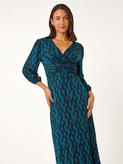 Roman Blue Geometric Print Twist Front Midi Dress - Image 4 of 5