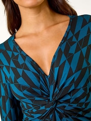 Roman Blue Geometric Print Twist Front Midi Dress - Image 5 of 5
