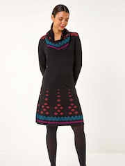 Roman Orange 2-in-1 Nordic Print Scarf Neck Knitted Dress - Image 1 of 6