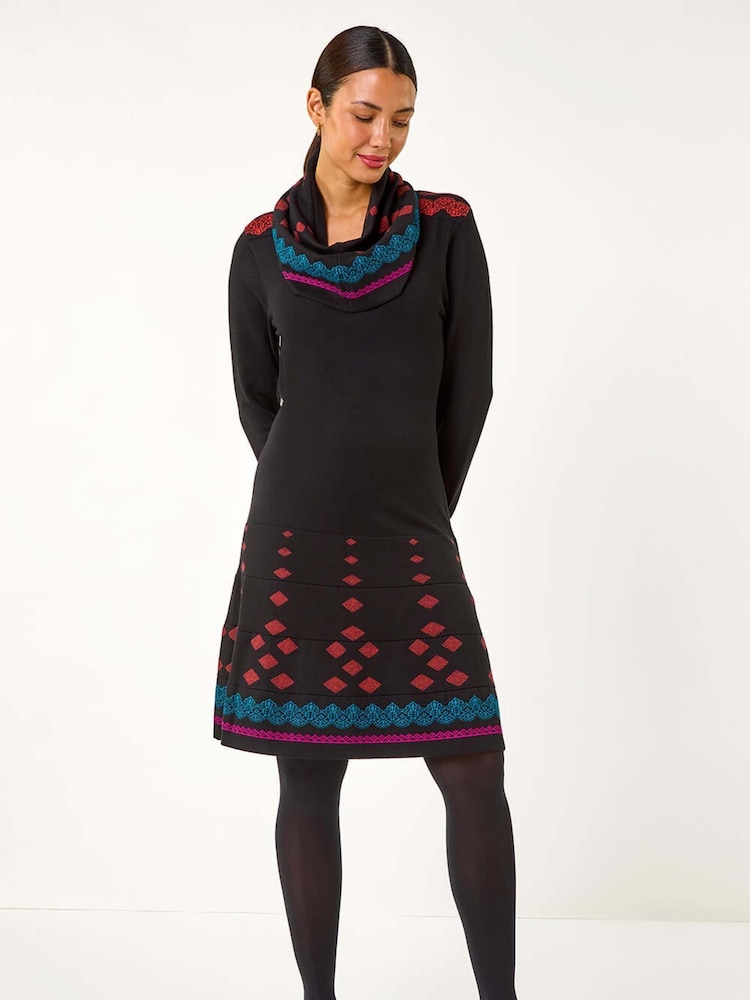 Roman Orange 2-in-1 Nordic Print Scarf Neck Knitted Dress - Image 1 of 6