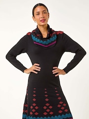 Roman Orange 2-in-1 Nordic Print Scarf Neck Knitted Dress - Image 3 of 6