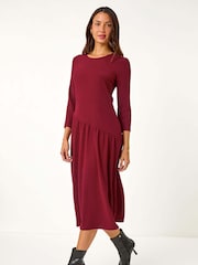 Roman Red Textured A-Line Stretch Midi Dress - Image 1 of 5