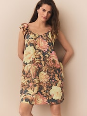 Navy Vintage Floral V-Neck Ruffle Sleeve Mini Dress with Linen - Image 1 of 3