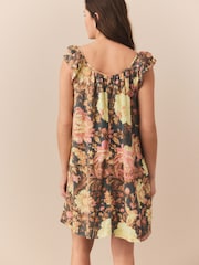 Navy Vintage Floral V-Neck Ruffle Sleeve Mini Dress with Linen - Image 2 of 3
