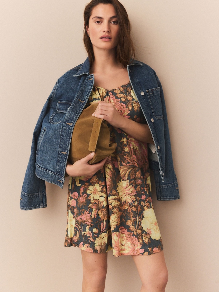 Navy Vintage Floral V-Neck Ruffle Sleeve Mini Dress with Linen - Image 3 of 3