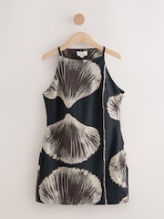 Black Shell Print Mini Sleeveless Racer Stretch Linen Blend Dress - Image 4 of 8
