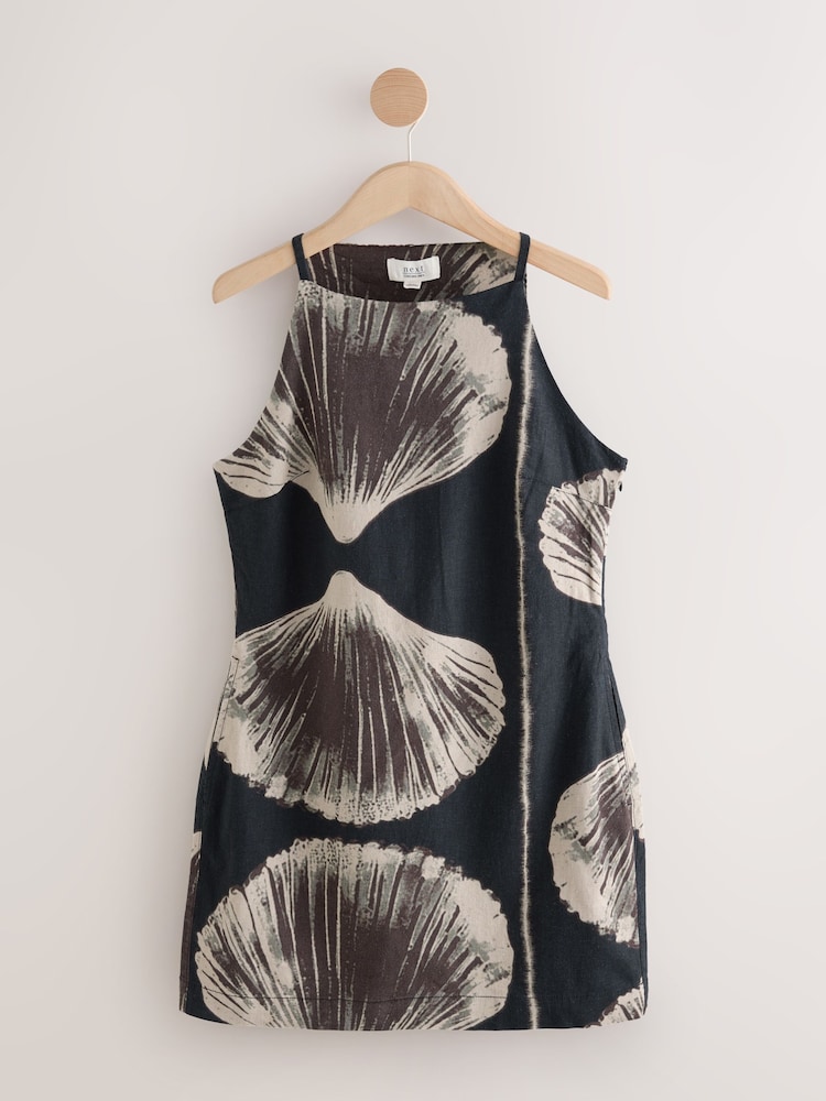 Black Shell Print Mini Sleeveless Racer Stretch Linen Blend Dress - Image 4 of 6