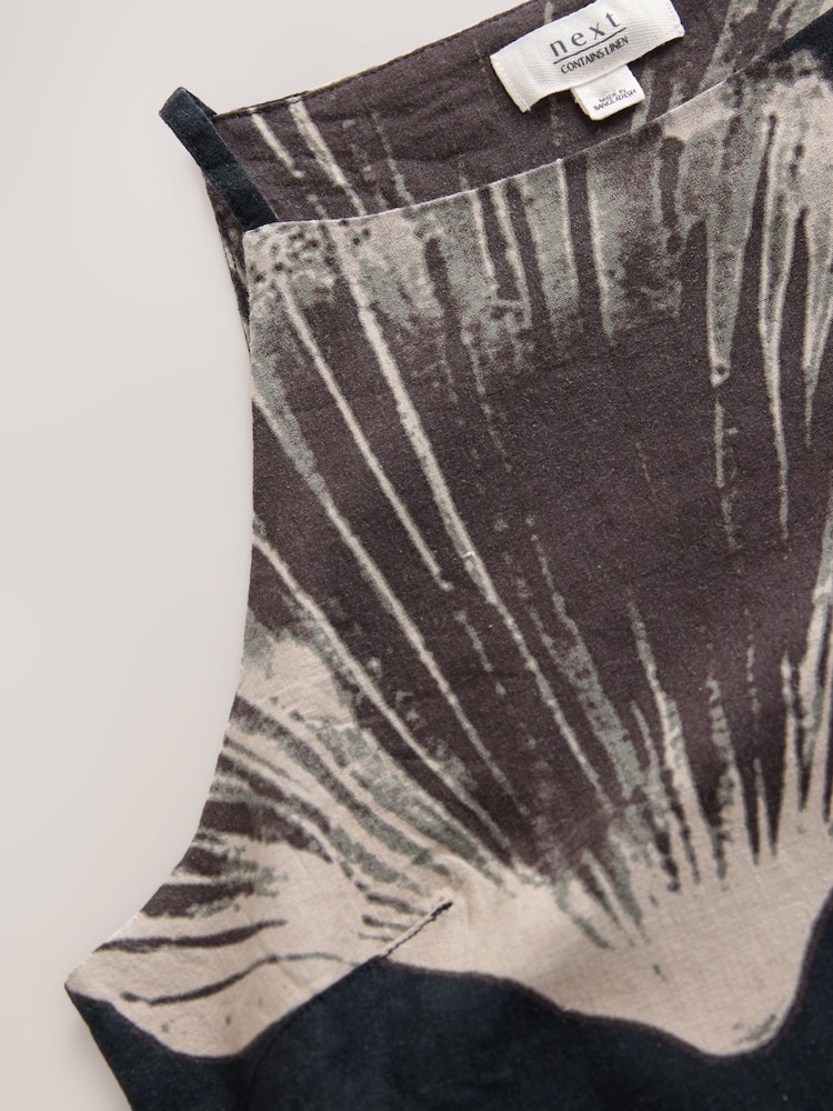 Black Shell Print Mini Sleeveless Racer Stretch Linen Blend Dress - Image 5 of 6