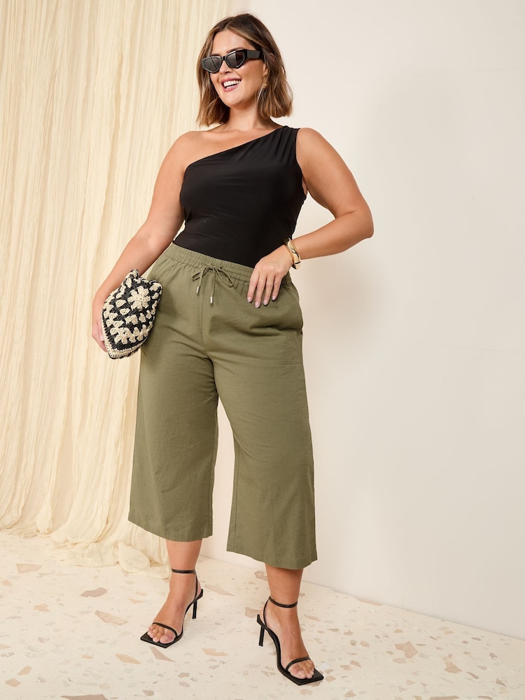 Friends Like These Khaki Green Curve Linen Blend Culottes - Image 2 of 4