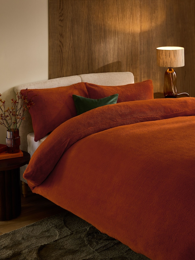 Orange Rust Teddy Fleece Duvet Cover and Pillowcase Set - Image 2 of 5 Orange Rust Teddy Fleece Duvet Cover and Pillowcase Set - Image 2 of 5