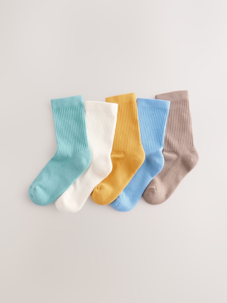 Muted Blue/Ecru/Ochre Ribbed Socks 5 Pack - Image 1 of 3 Muted Blue/Ecru/Ochre Ribbed Socks 5 Pack - Image 1 of 3