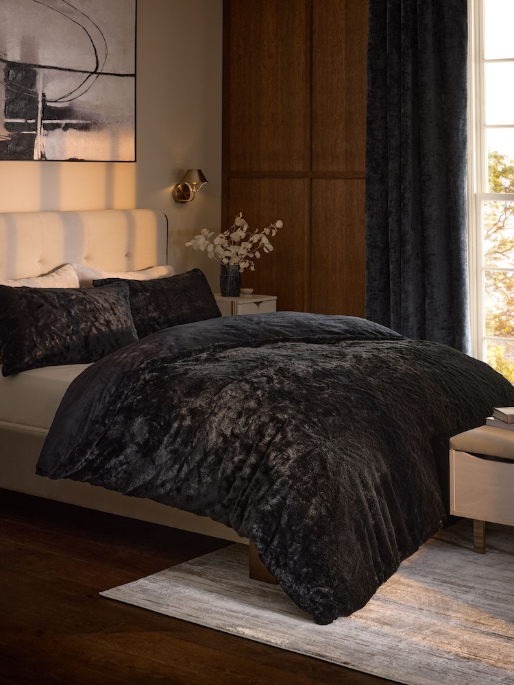 Black Plush Faux Fur Duvet Cover and Pillowcase Set - Image 1 of 4 Black Plush Faux Fur Duvet Cover and Pillowcase Set - Image 1 of 4