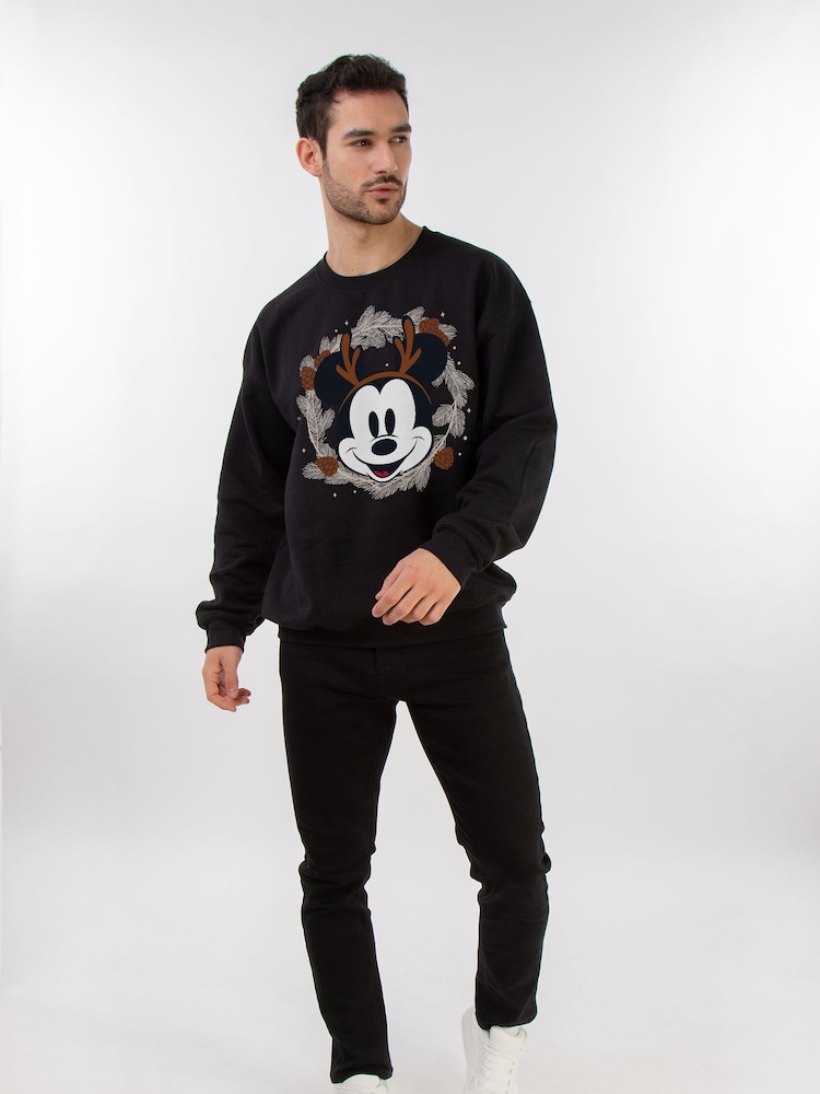 Brands In Black Disney Mickey Mouse Christmas Reindeer Wreath Men Black Sweatshirt - Image 2 of 4
