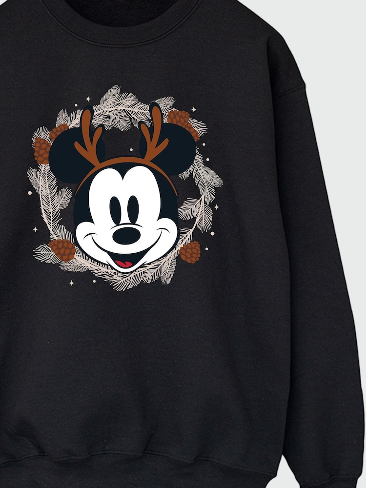 Brands In Black Disney Mickey Mouse Christmas Reindeer Wreath Men Black Sweatshirt - Image 4 of 4
