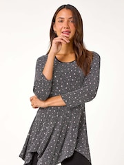 Roman Metallic Glitter Spot Print Hanky Hem Stretch Top - Image 1 of 6