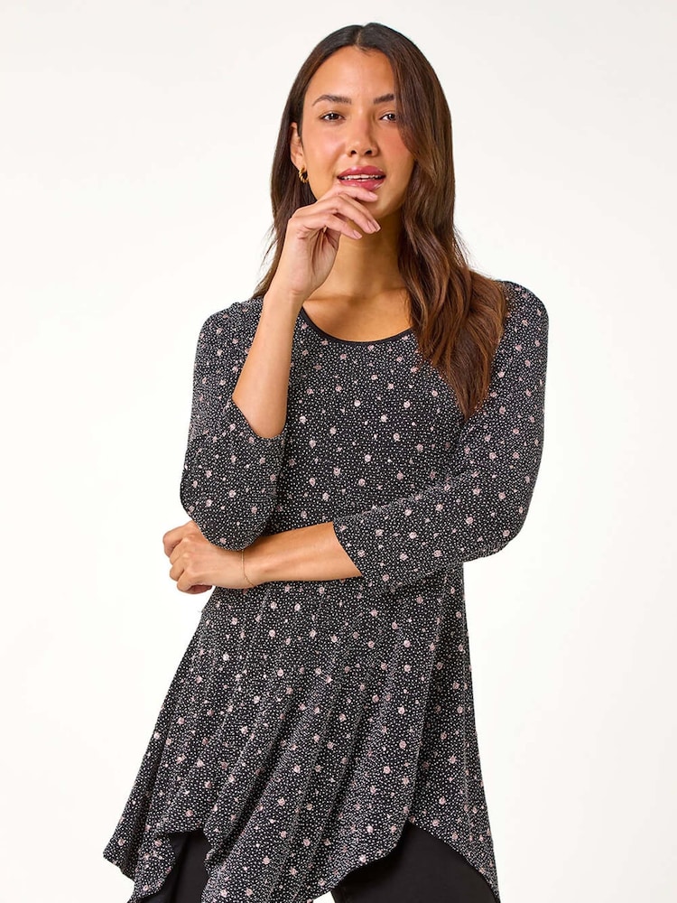 Roman Metallic Glitter Spot Print Hanky Hem Stretch Top - Image 1 of 6