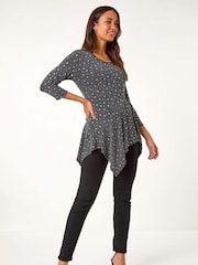 Roman Metallic Glitter Spot Print Hanky Hem Stretch Top - Image 3 of 6