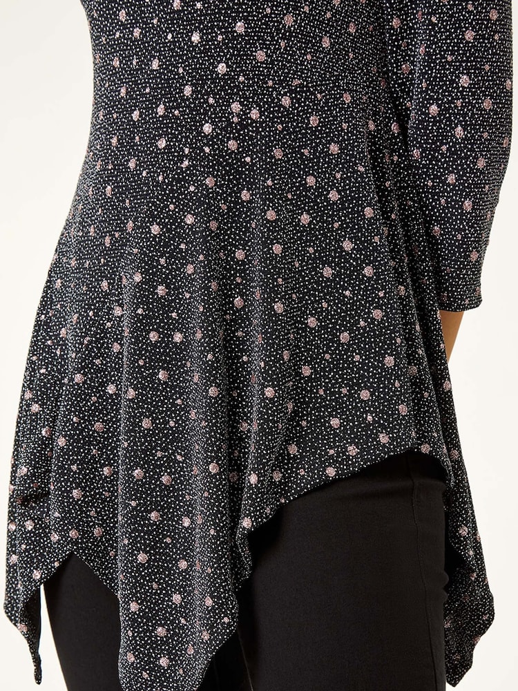 Roman Metallic Glitter Spot Print Hanky Hem Stretch Top - Image 6 of 6