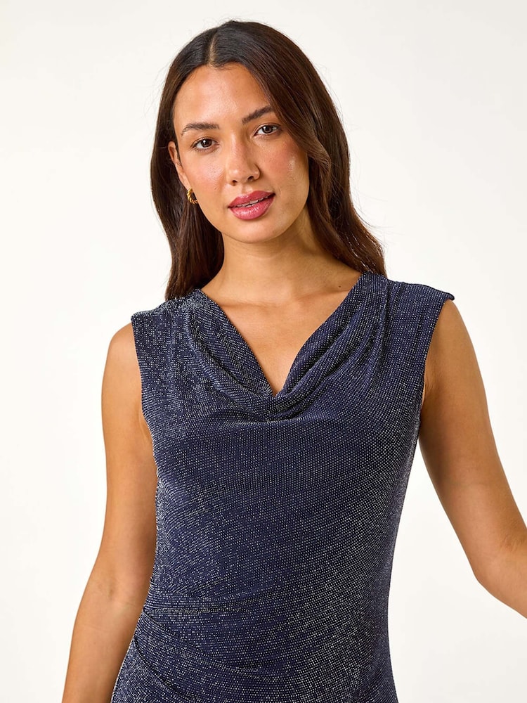 Albastru - Rochie Roman Shimmer Stretch cu Guler căzut drapat - Image 4 of 5