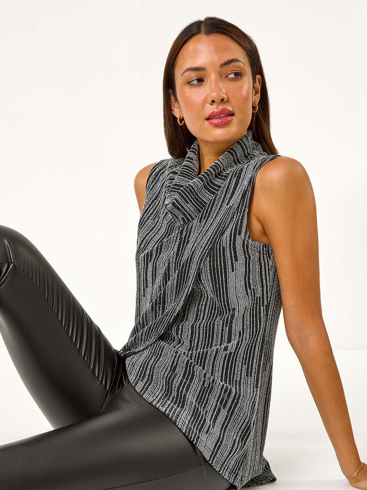 Roman Metallic Silver Shimmer Line Cowl Neck Tunic Top - Image 1 of 5