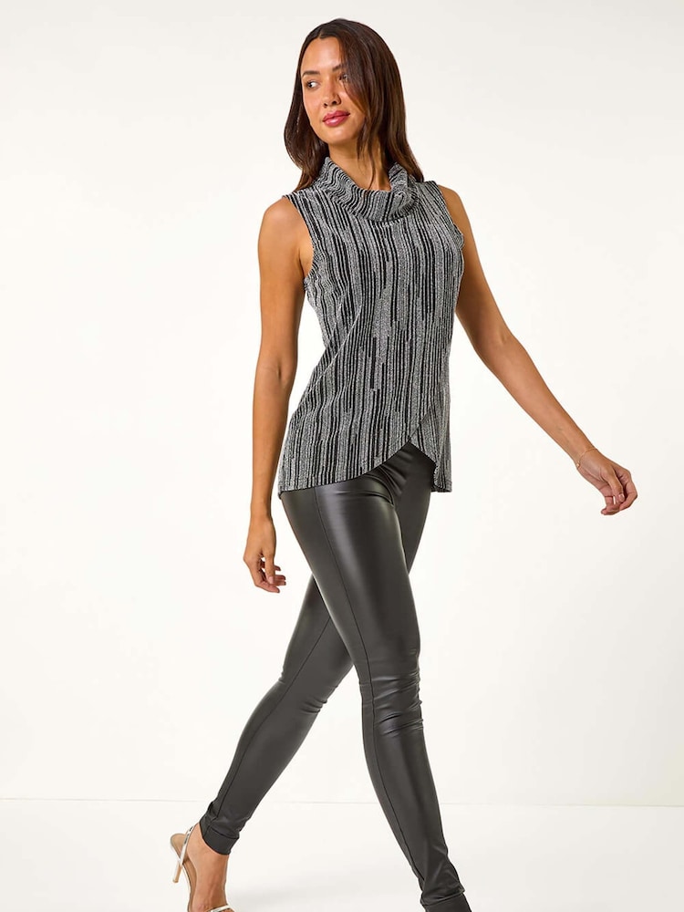 Roman Metallic Silver Shimmer Line Cowl Neck Tunic Top - Image 2 of 5