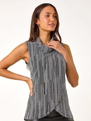 Roman Metallic Silver Shimmer Line Cowl Neck Tunic Top - Image 4 of 5