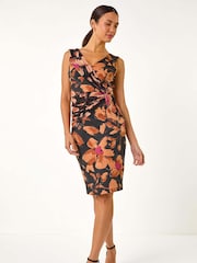 Roman Brown Floral Print Ruched V-Neck Dress - Image 1 of 5