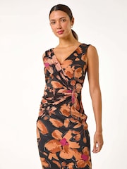 Roman Brown Floral Print Ruched V-Neck Dress - Image 2 of 5
